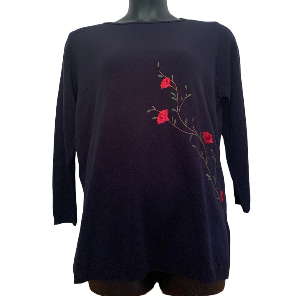 KL Collection Blue sweater embroidered red roses large New